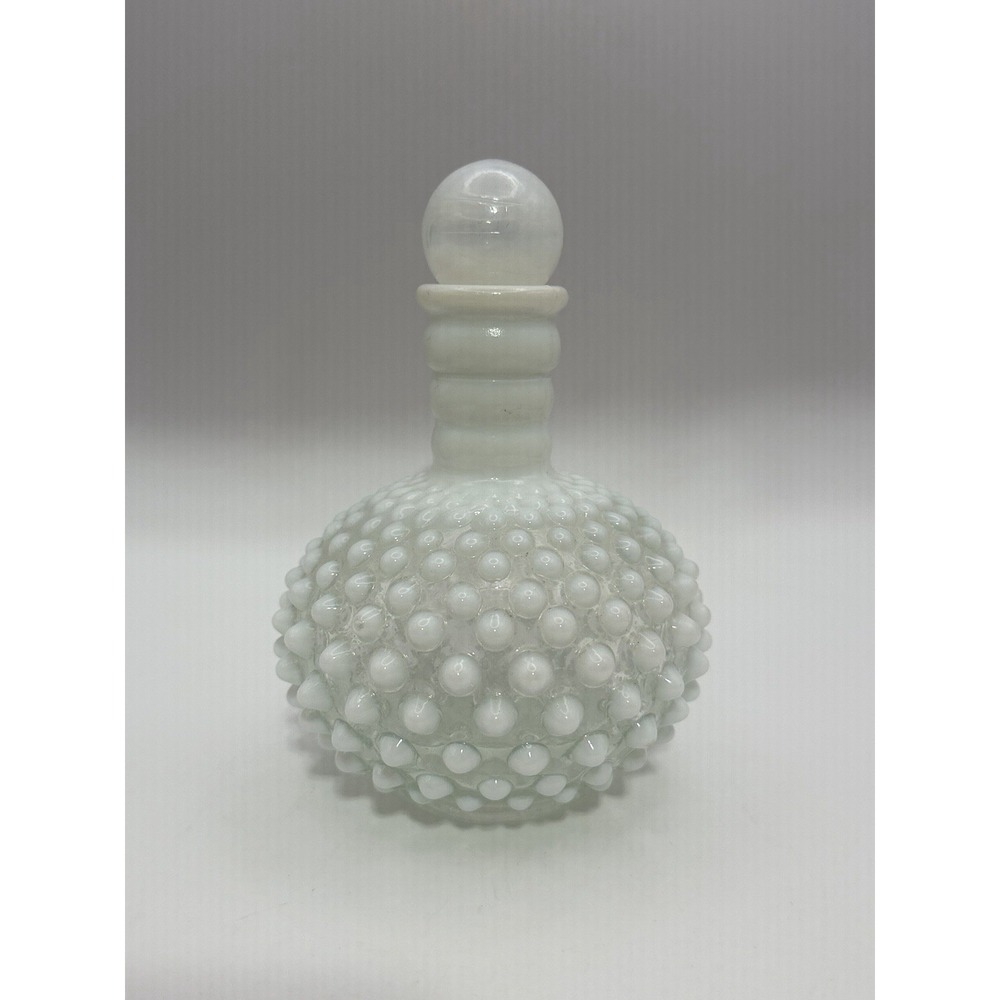 Vintage White Opalescent Hobnail Glass Perfume Decanter Bottle With Stopper